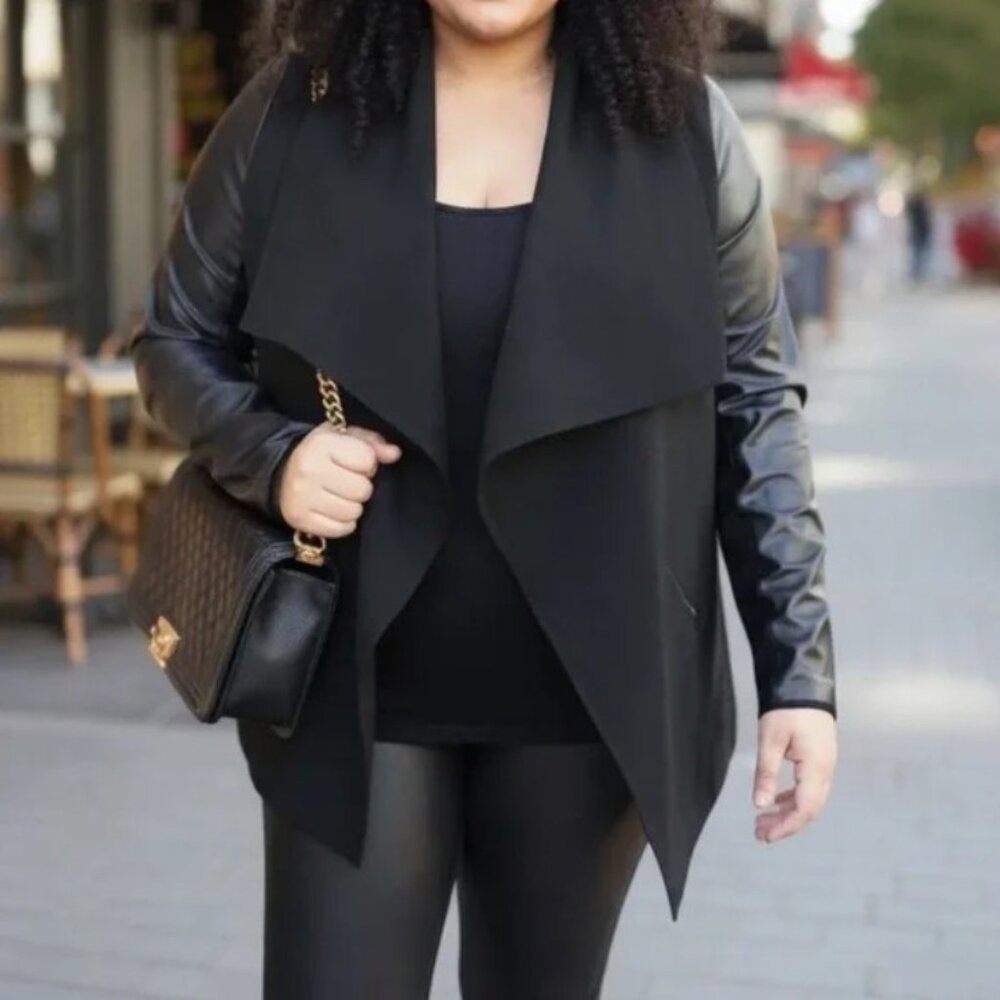 SPANX Black Drape Front Blazer with Faux Leather Sleeves